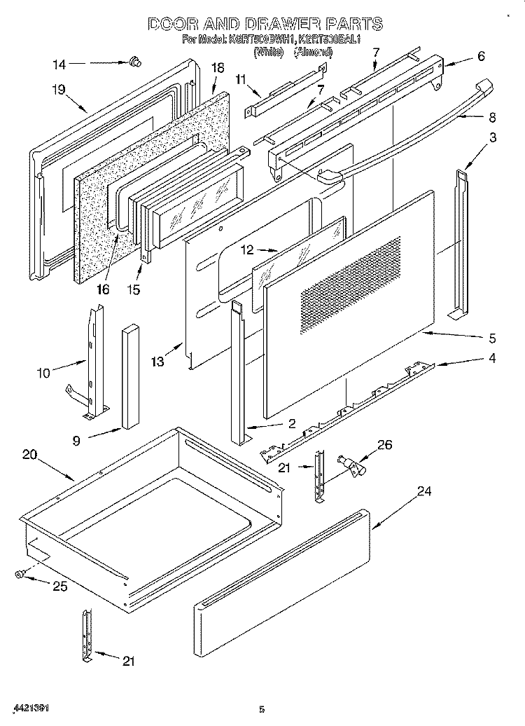 DOOR & DRAWER Diagram and Parts List for KGRT500BAL1  KitchenAid Range