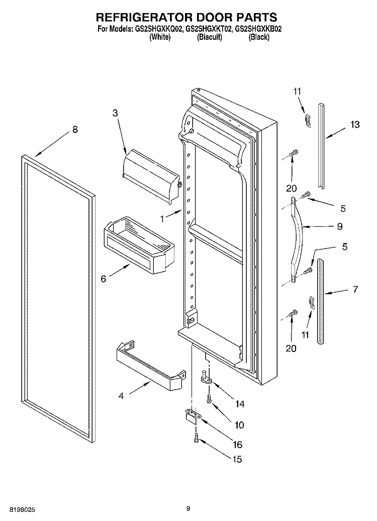 REFRIGERATOR DOOR Diagram and Parts List for GS2SHGXKQ02  Whirlpool Refrigerator