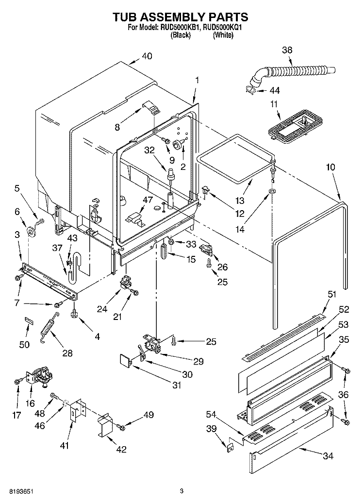 TUB ASSEMBLY PARTS Diagram and Parts List for RUD5000KQ1  Roper Dishwasher
