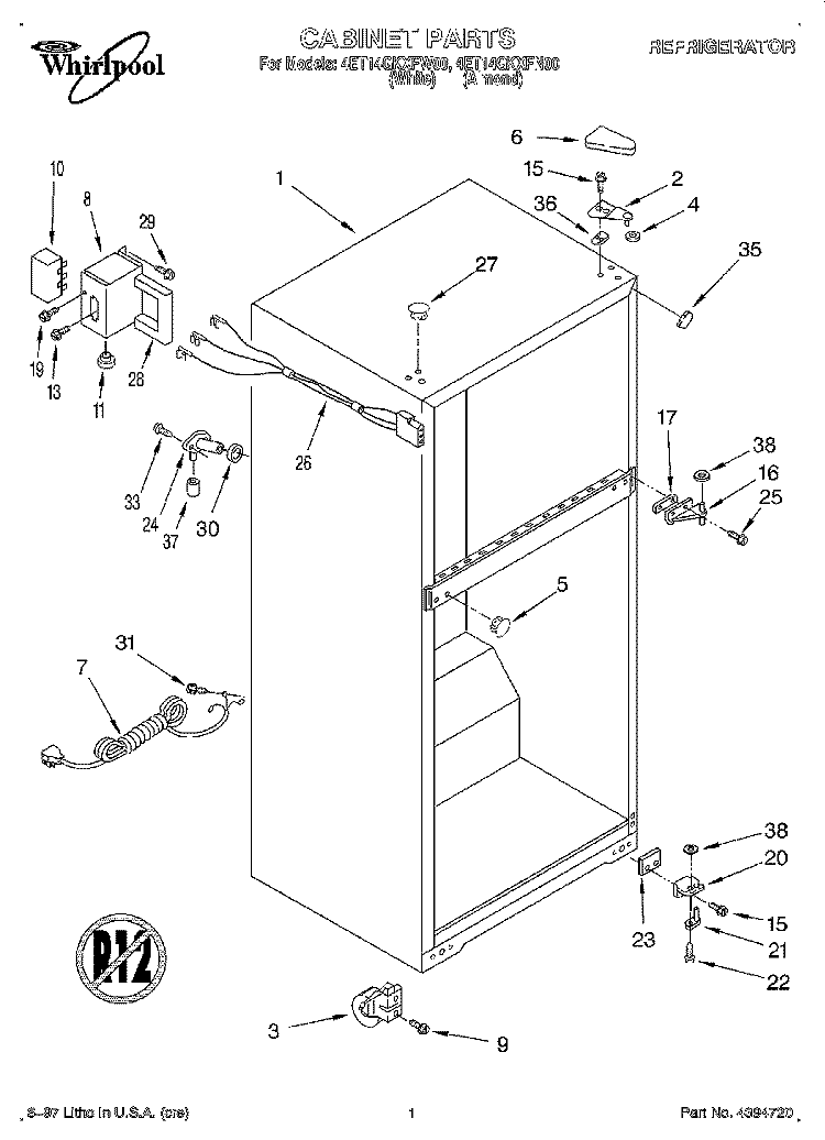 CABINET Diagram and Parts List for 4ET14GKXFN00  Whirlpool Refrigerator