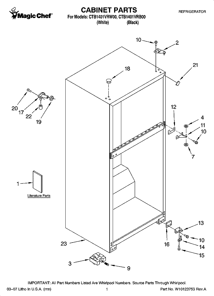 CABINET PARTS Diagram and Parts List for CTB1401VRW00  Whirlpool Refrigerator