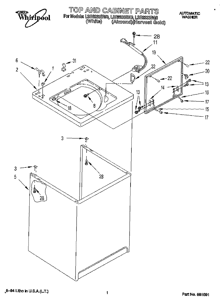 TOP AND CABINET, LIT/OPTIONAL Diagram and Parts List for LSR6233BW0  Whirlpool Washer