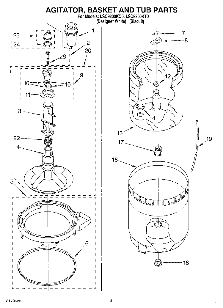 AGITATOR, BASKET AND TUB Diagram and Parts List for LSQ9200KT0  Whirlpool Washer