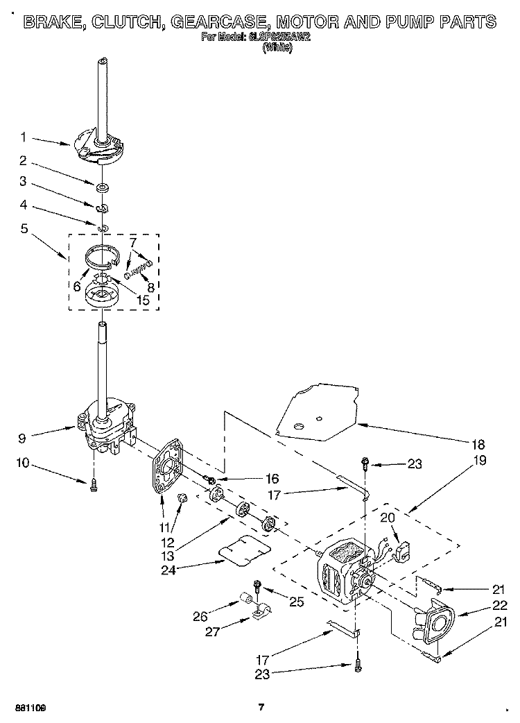 BRAKE, CLUTCH, GEARCASE, MOTOR & PUMP Diagram and Parts List for 6LSP8255AW2  Whirlpool Washer