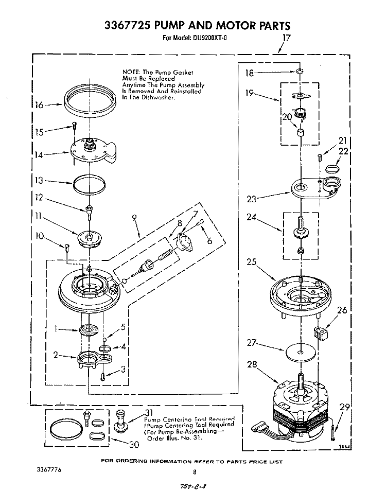 3367725 PUMP AND MOTOR Diagram and Parts List for DU9200XT0  Whirlpool Dishwasher
