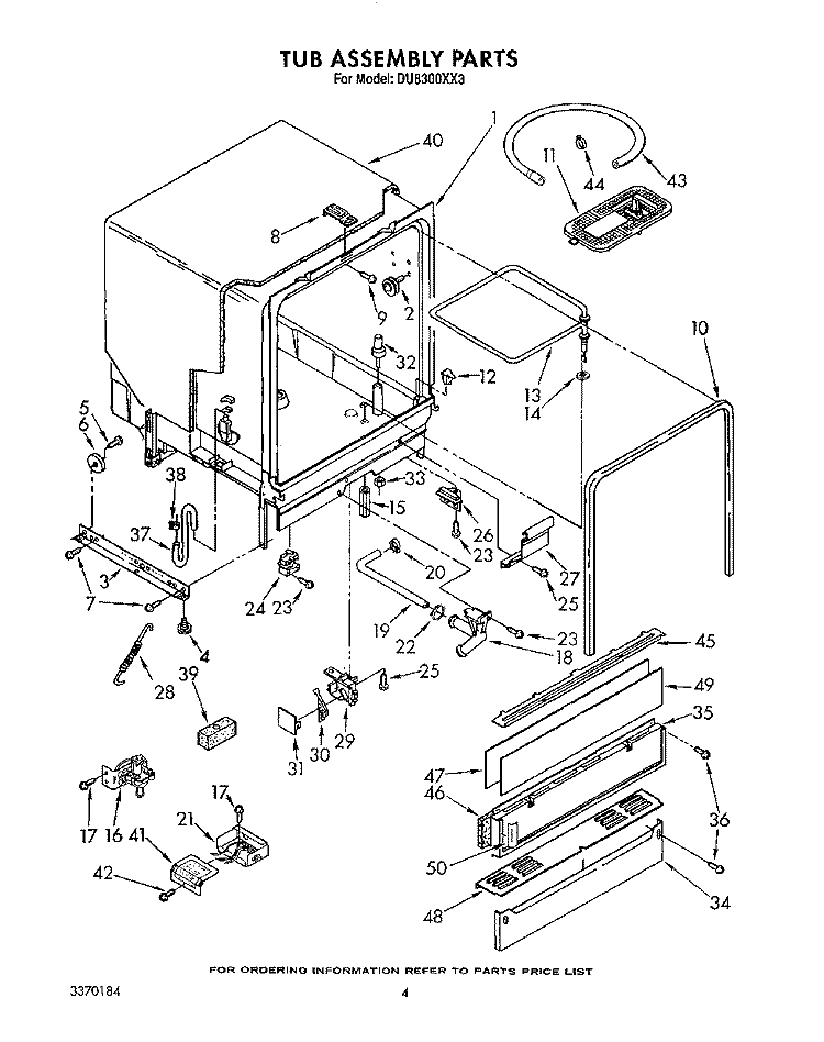 TUB ASSEMBLY, LIT/OPTIONAL Diagram and Parts List for DU8300XX3  Whirlpool Dishwasher