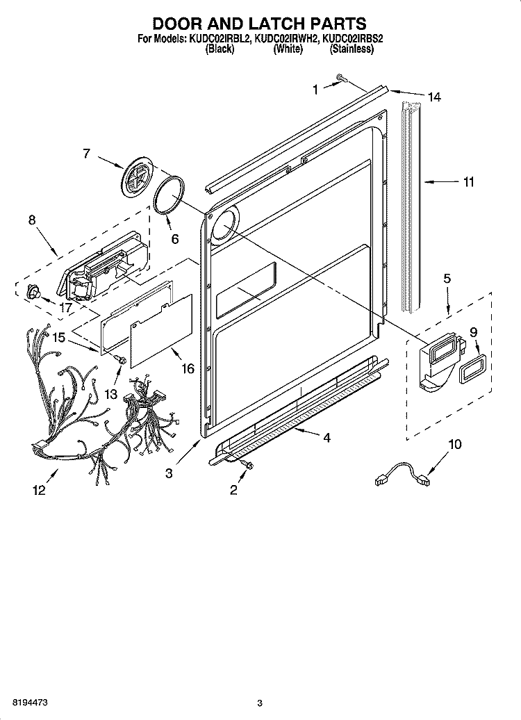 DOOR AND LATCH PARTS Diagram and Parts List for KUDC02IRWH2  KitchenAid Dishwasher