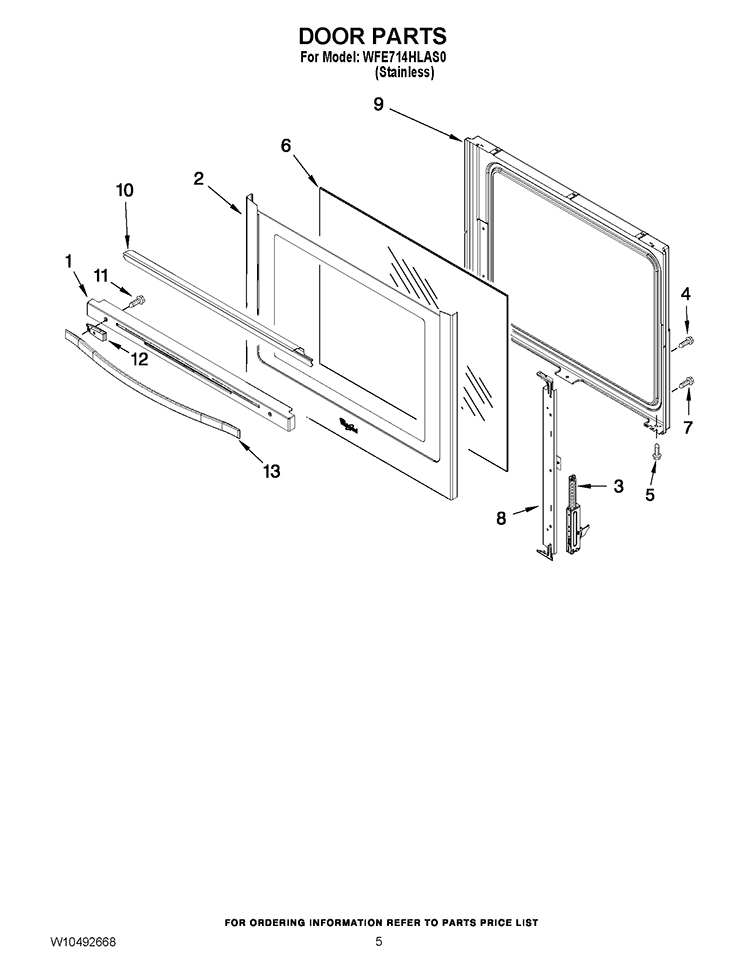 DOOR PARTS Diagram and Parts List for WFE714HLAS0  Whirlpool Range