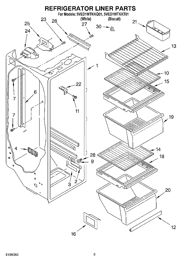 REFRIGERATOR LINER Diagram and Parts List for 5VED1WTKKQ01  Whirlpool Refrigerator