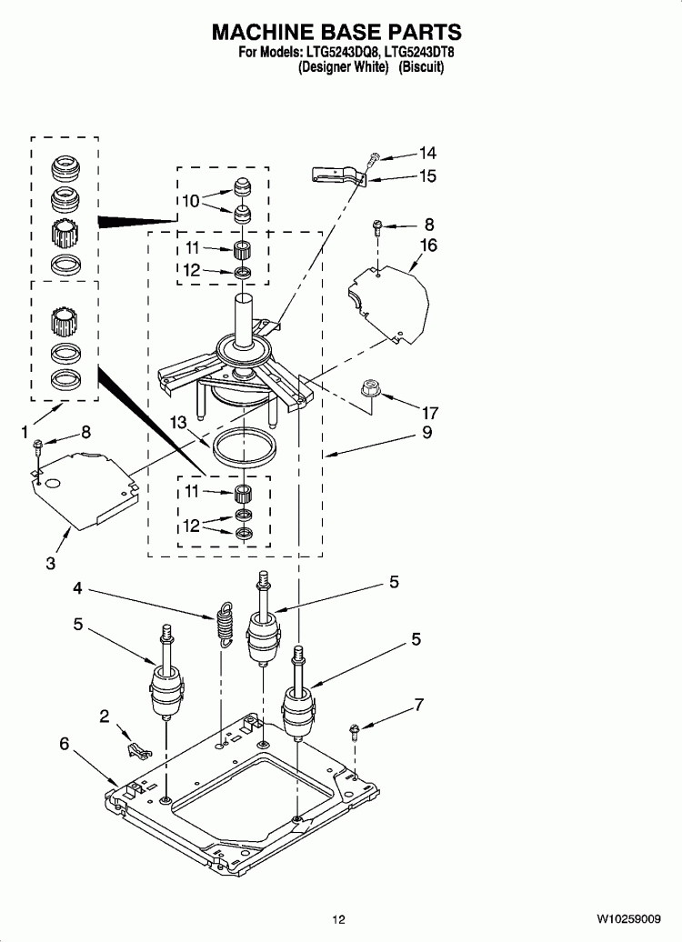 MACHINE BASE PARTS Diagram and Parts List for LTG5243DT8  Whirlpool Washer Dryer Combo