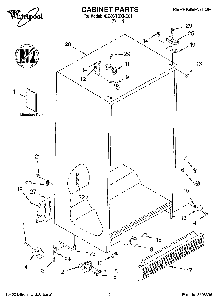 CABINET, LITERATURE Diagram and Parts List for 7ED0GTQXKQ01  Whirlpool Refrigerator