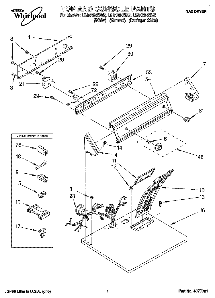 TOP AND CONSOLE, LIT/OPTIONAL Diagram and Parts List for LGR4624BW2  Whirlpool Dryer