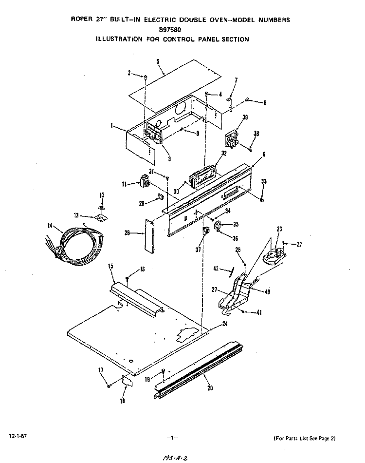 CONTROL PANEL Diagram and Parts List for B9758B0  Roper Wall Oven