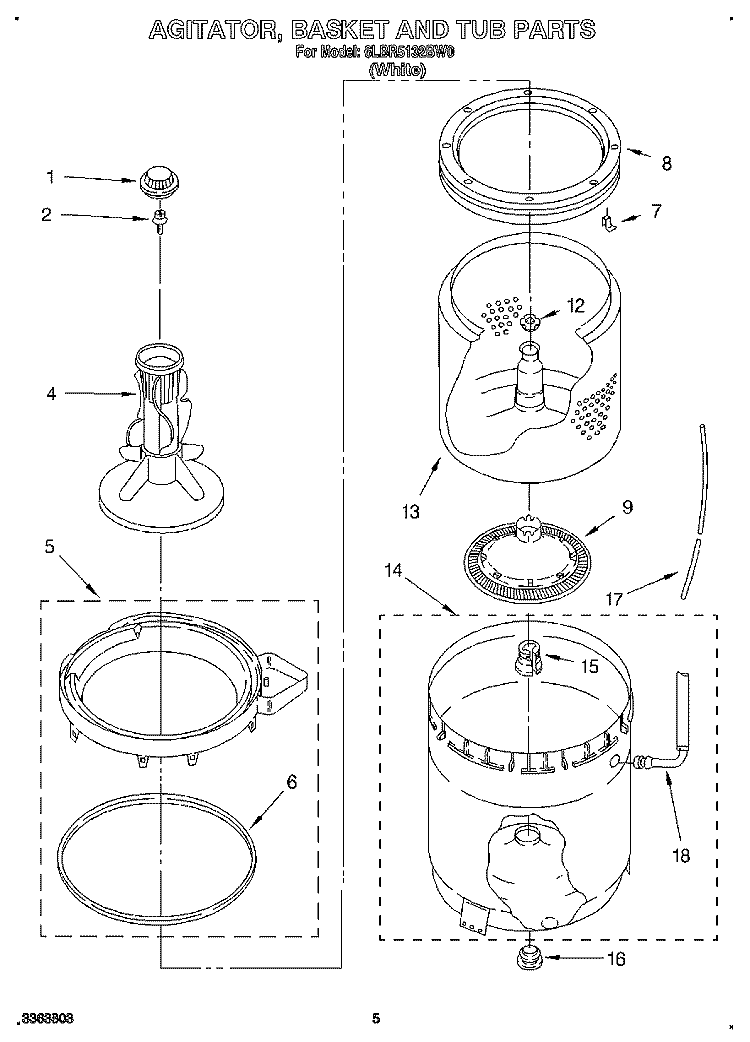 AGITATOR, BASKET AND TUB Diagram and Parts List for 6LBR5132BW0  Whirlpool Washer