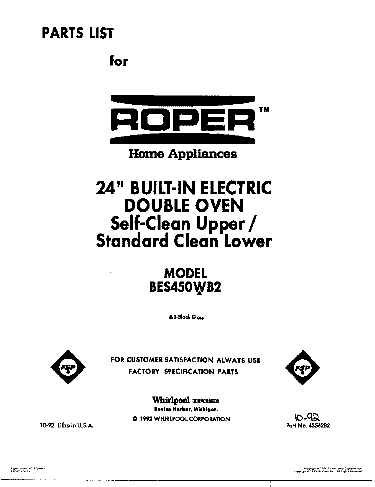 COVER Diagram and Parts List for BES450WB2  Roper Range