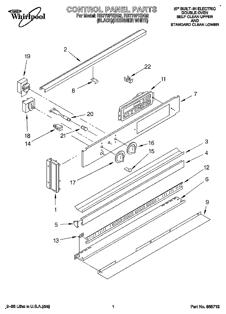 CONTROL PANEL, LITERATURE Diagram and Parts List for RB770PXBQ2  Whirlpool Wall Oven