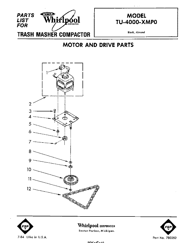 MOTOR AND DRIVE , LIT/OPTIONAL Diagram and Parts List for TU4000XMP0  Whirlpool Trash Compactor