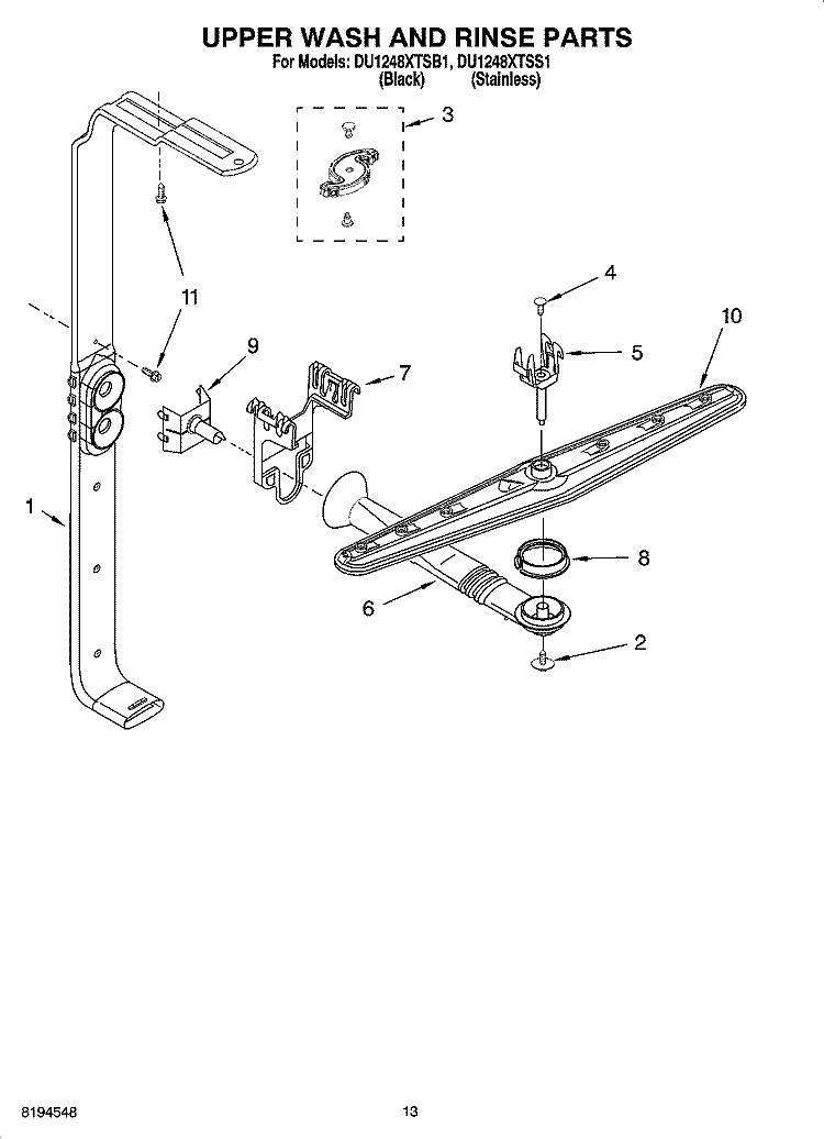 UPPER WASH AND RINSE PARTS Diagram and Parts List for DU1248XTSS1  Whirlpool Dishwasher