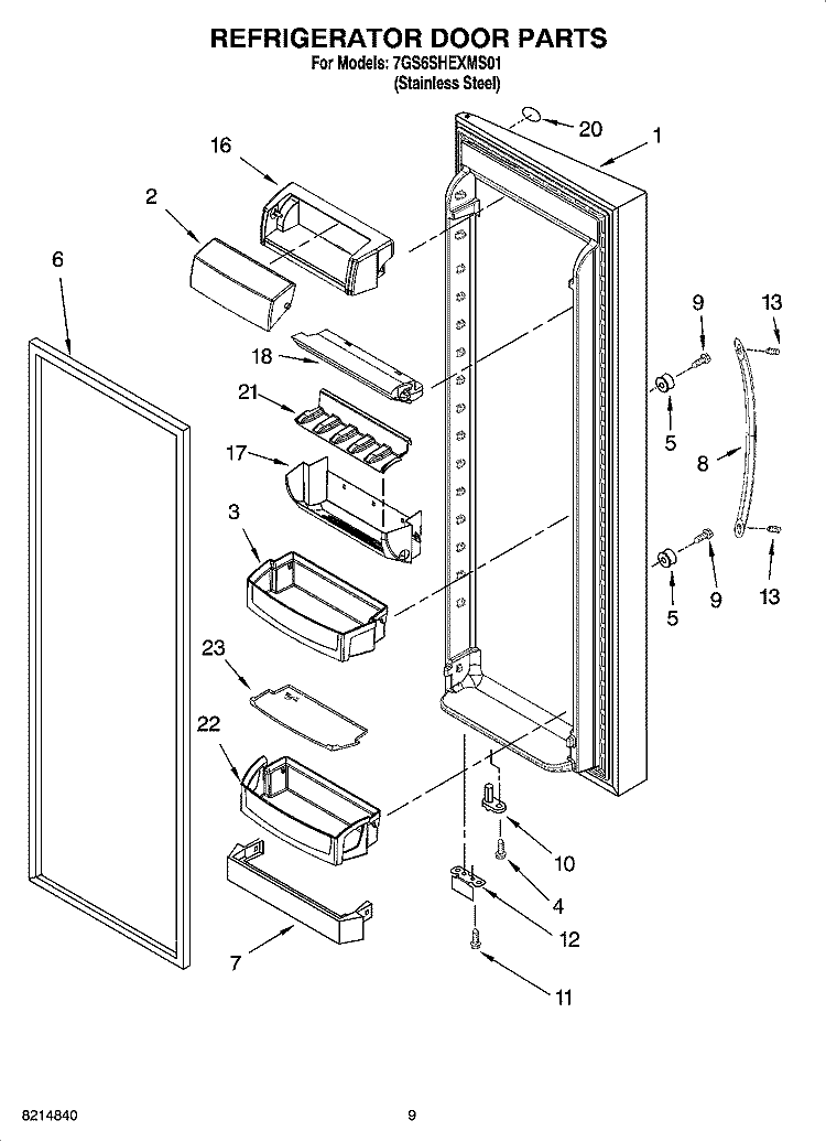 REFRIGERATOR DOOR PARTS Diagram and Parts List for 7GS6SHEXMS01  Whirlpool Refrigerator