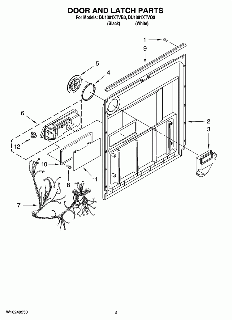 DOOR AND LATCH PARTS Diagram and Parts List for DU1301XTVB0  Whirlpool Dishwasher