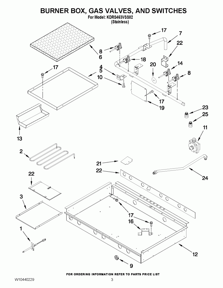 BURNER BOX, GAS VALVES, AND SWITCHES Diagram and Parts List for KDRS463VSS02  KitchenAid Range