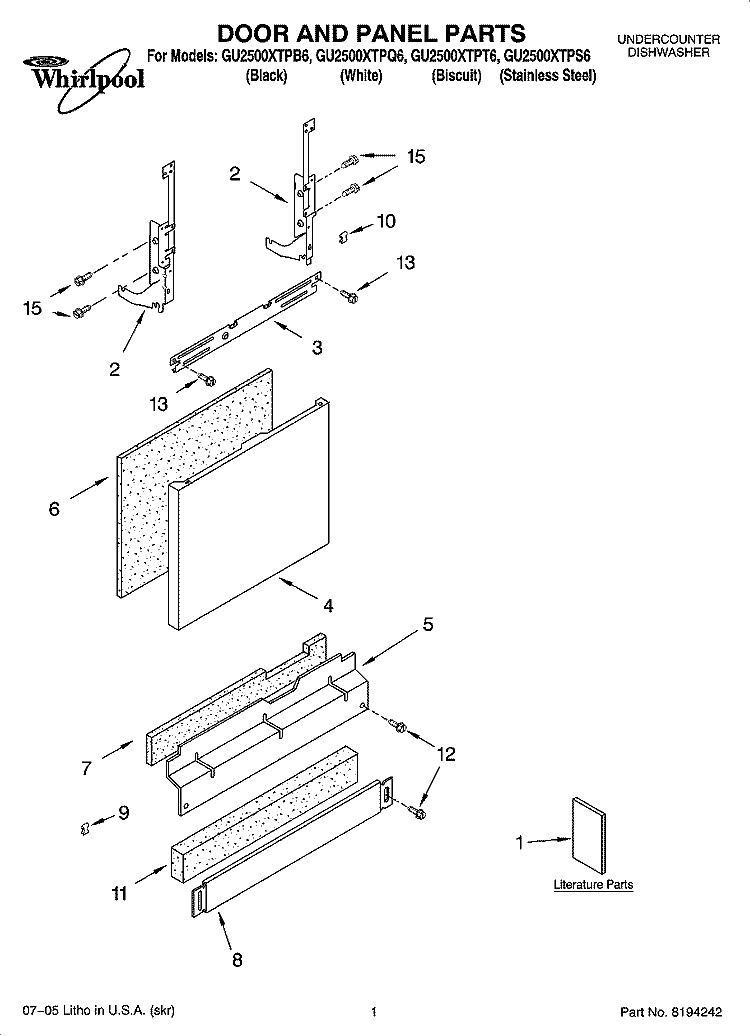 DOOR AND PANEL PARTS Diagram and Parts List for GU2500XTPS6  Whirlpool Dishwasher