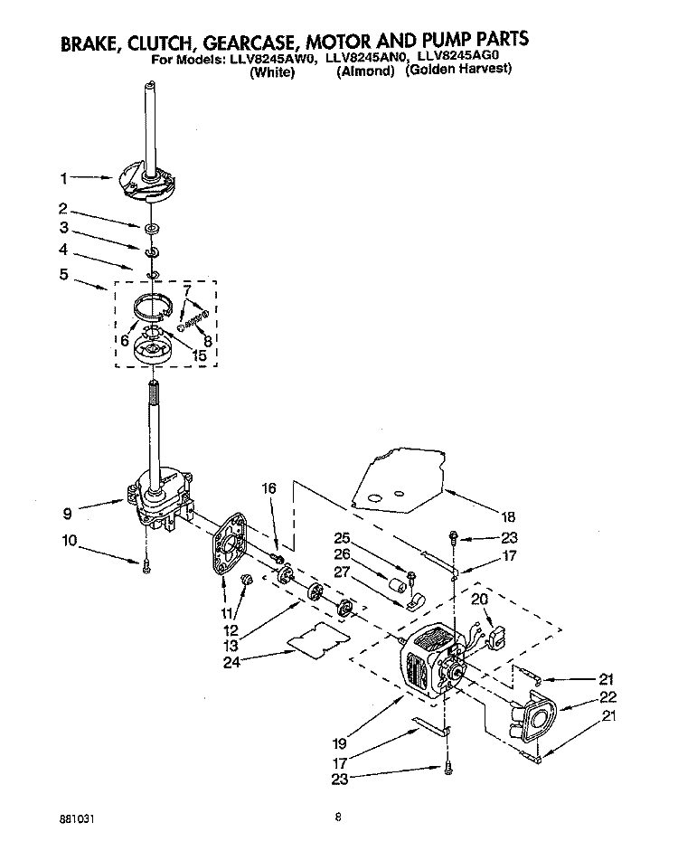 BRAKE, CLUTCH, GEARCASE, MOTOR AND PUMP Diagram and Parts List for LLV8245AG0  Whirlpool Washer