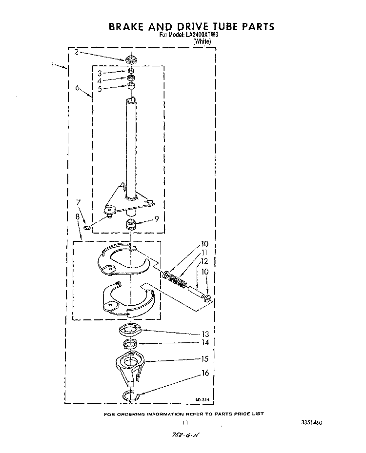 BRAKE AND DRIVE TUBE Diagram and Parts List for LA3400XTW0  Whirlpool Washer