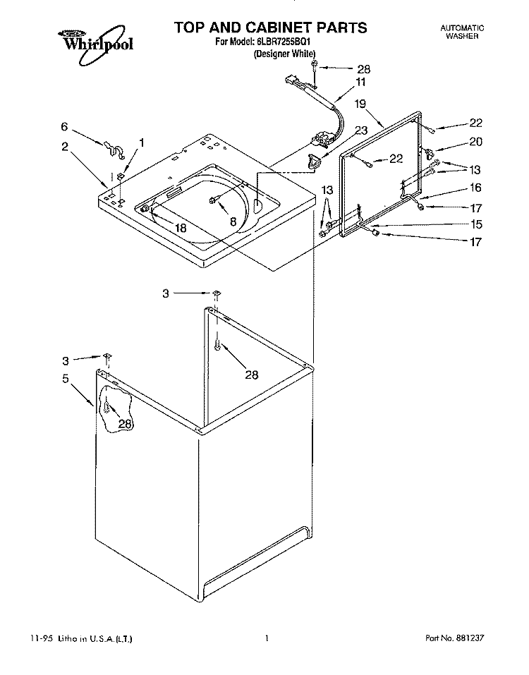 TOP AND CABINET, LIT/OPTIONAL Diagram and Parts List for 6LBR7255BQ1  Whirlpool Washer