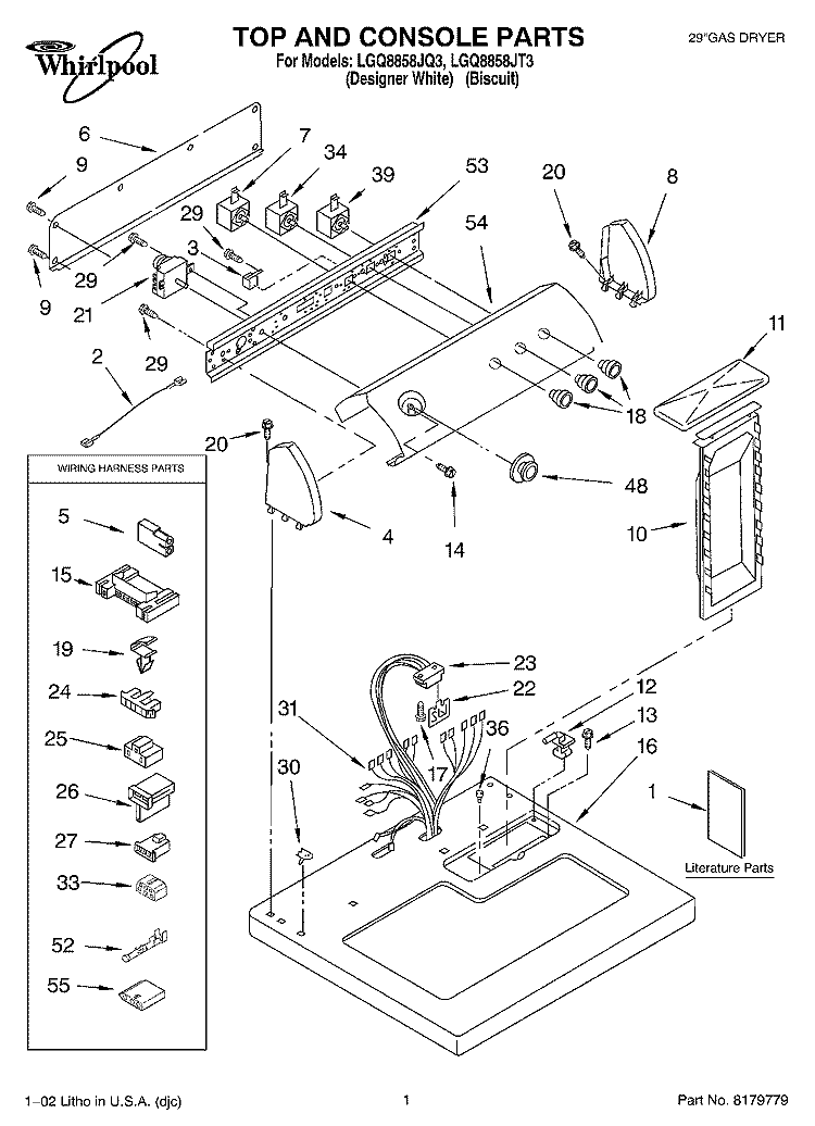 TOP AND CONSOLE, LITERATURE Diagram and Parts List for LGQ8858JT3  Whirlpool Dryer