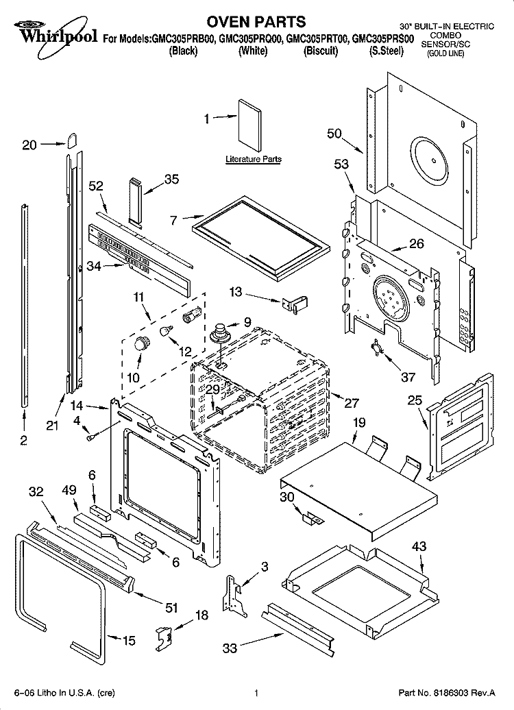 OVEN PARTS Diagram and Parts List for GMC305PRB00  Whirlpool Microwave Oven Combo