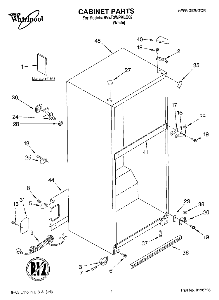 CABINET PARTS Diagram and Parts List for 5VET2WPKLQ02  Whirlpool Refrigerator