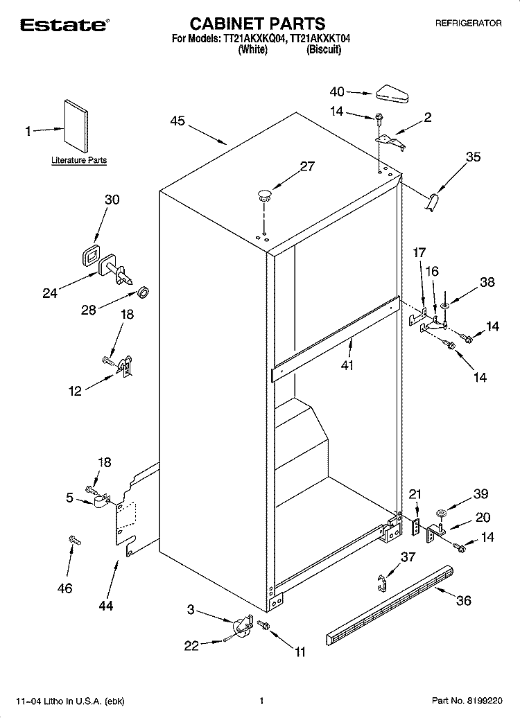 CABINET PARTS Diagram and Parts List for TT21AKXKQ04  Estate Refrigerator