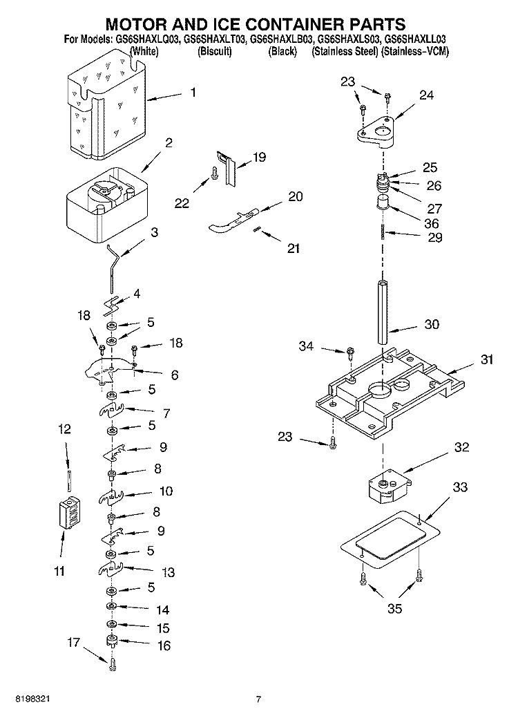 MOTOR AND ICE CONTAINER PARTS Diagram and Parts List for GS6SHAXLS03  Whirlpool Refrigerator