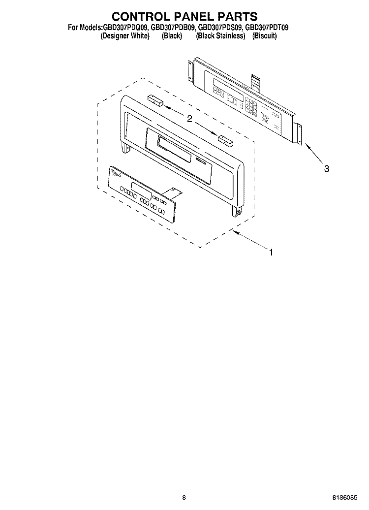 CONTROL PANEL PARTS Diagram and Parts List for GBD307PDS09  Whirlpool Wall Oven