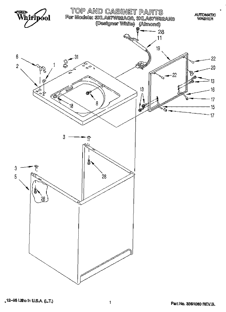 TOP AND CABINET Diagram and Parts List for 3XLA87W92AQ0  Whirlpool Washer