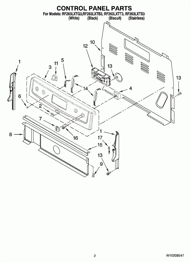 CONTROL PANEL PARTS Diagram and Parts List for RF263LXTT3  Whirlpool Range