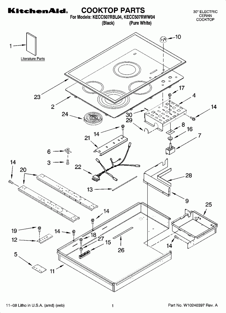 COOKTOP PARTS, OPTIONAL PARTS Diagram and Parts List for KECC507RBL04  KitchenAid Cooktop