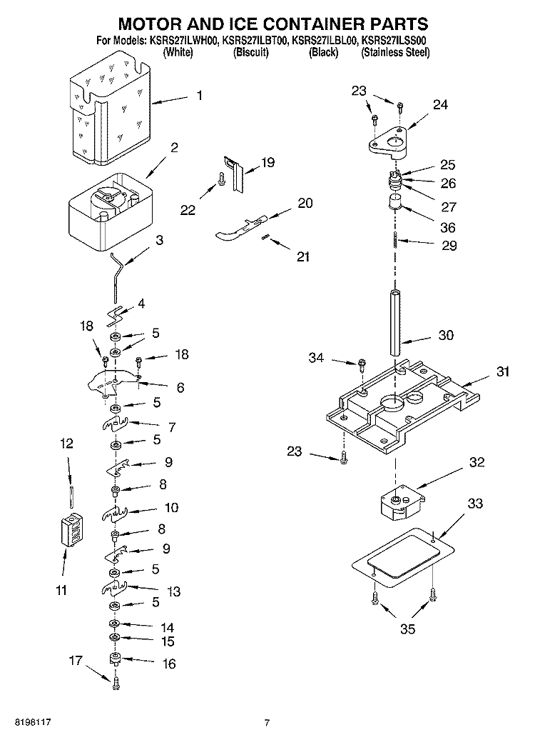 MOTOR AND ICE CONTAINER Diagram and Parts List for KSRS27ILBL00  KitchenAid Refrigerator
