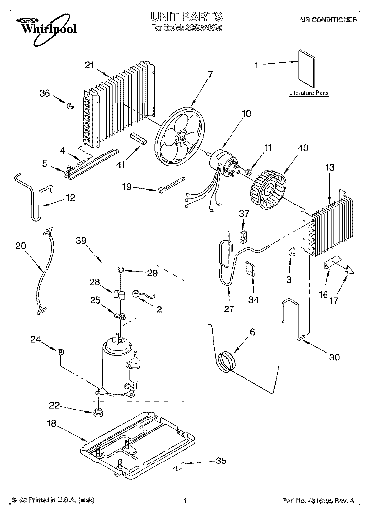 UNIT, LITERATURE Diagram and Parts List for ACQ052XG0  Whirlpool Air Conditioner