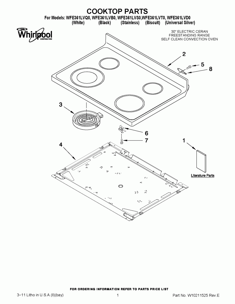 COOKTOP PARTS Diagram and Parts List for WFE361LVS0  Whirlpool Range