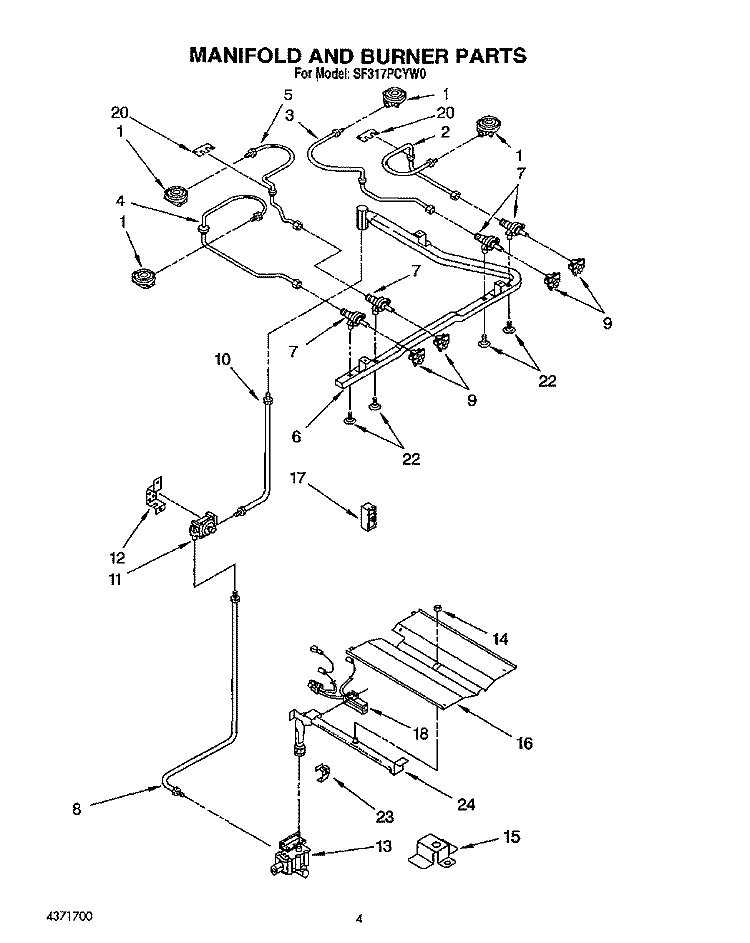 MANIFOLD AND BURNER Diagram and Parts List for SF317PCYN0  Whirlpool Range