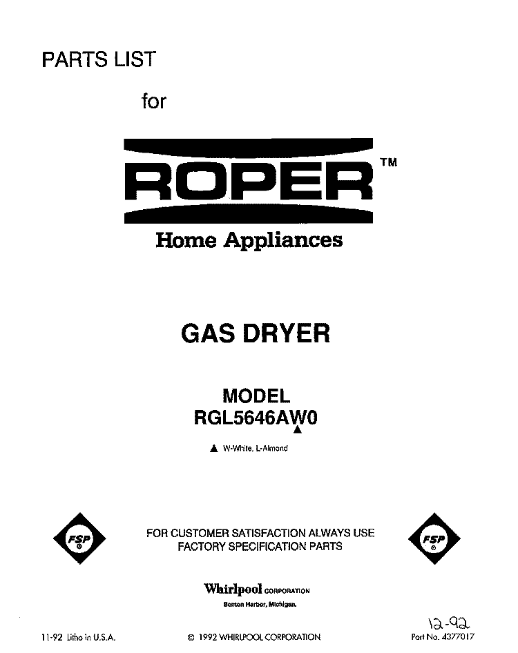 FRONT COVER Diagram and Parts List for RGL5646AW0  Roper Dryer