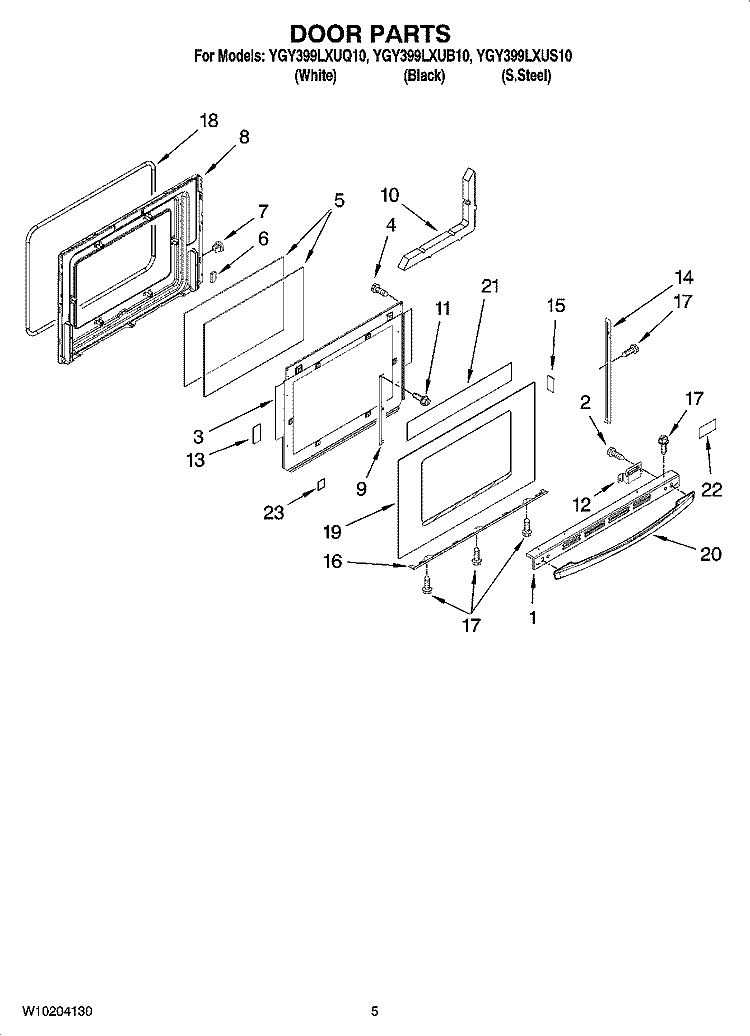 DOOR PARTS Diagram and Parts List for YGY399LXUQ10  Whirlpool Range