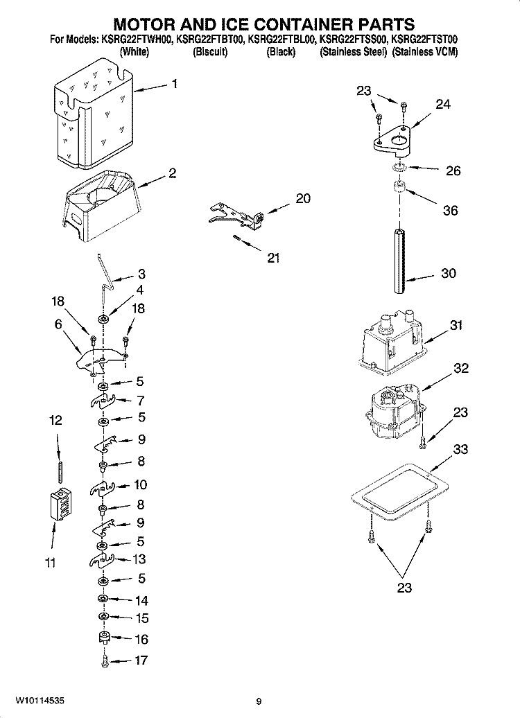 MOTOR AND ICE CONTAINER PARTS Diagram and Parts List for KSRG22FTBT00  KitchenAid Refrigerator