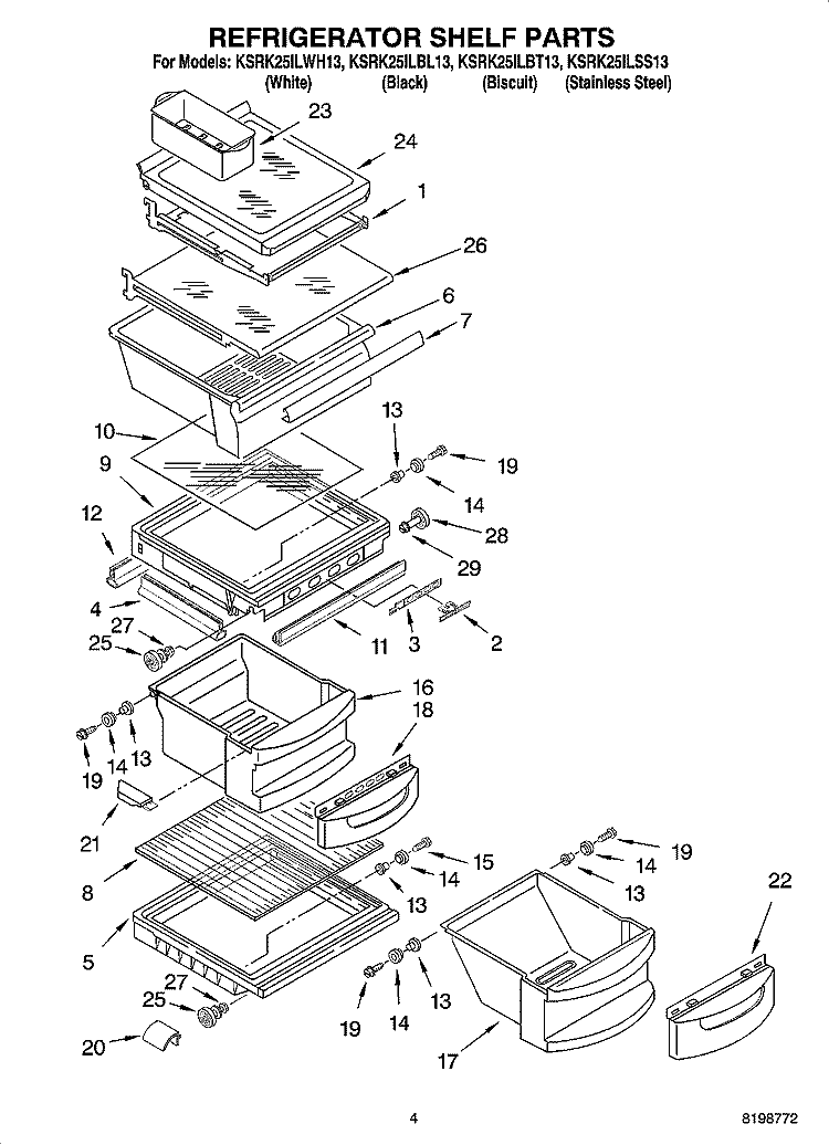 REFRIGERATOR SHELF PARTS Diagram and Parts List for KSRK25ILWH13  KitchenAid Refrigerator