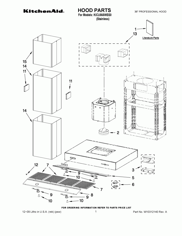 HOOD PARTS Diagram and Parts List for KICU565WSS0  KitchenAid Range Hood