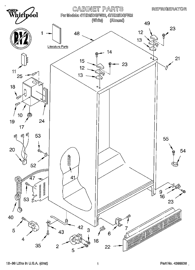 CABINET, LITERATURE Diagram and Parts List for 4YED25DQFW02  Whirlpool Refrigerator