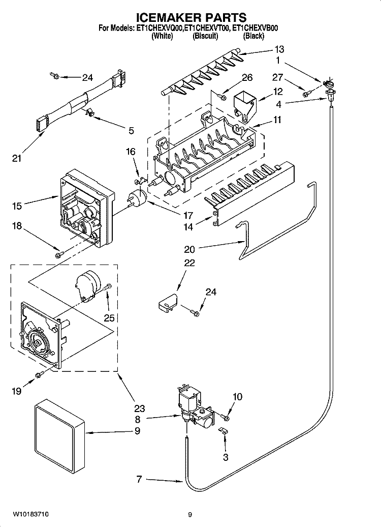 ICEMAKER PARTS Diagram and Parts List for ET1CHEXVB00  Whirlpool Refrigerator