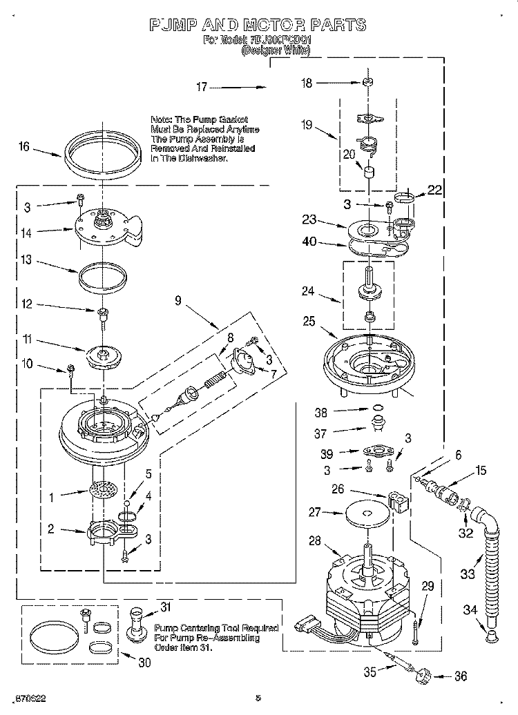 PUMP AND MOTOR Diagram and Parts List for 7DU900PCDQ1  Whirlpool Dishwasher